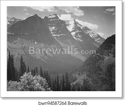 Valley, snow covered mountains in background, "In Glacier National Park," Montana.  Photographs of National Parks and Monuments, compiled 1941 - 1942, documenting the period ca. 1933 - 1942 by Ansel Adams (1902-1984), Art Print