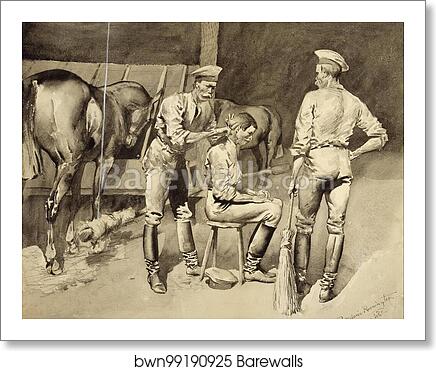 A Haircut in a Cavalry Stable by Frederic Remington, Art Print