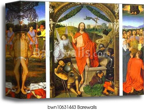 The Resurrection, with the Martyrdom of St. Sebastian and the Ascension by Hans Memling, Canvas Print