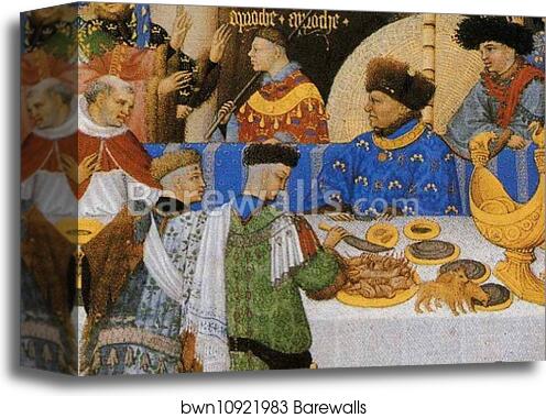 Les trÄ�s riches heures du Duc de Berry. January. A New Year's Day Feast including Jean de Berry. Detail by Limbourg Brothers, Canvas Print