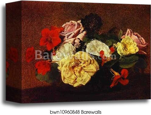 Roses and Nasturtiums in a Vase by Henri Fantin-Latour, Canvas Print