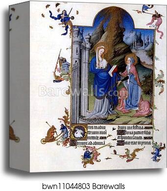 Les tr�s riches heures du Duc de Berry. Mary Visits St. Elizabeth by Limbourg Brothers, Canvas Print