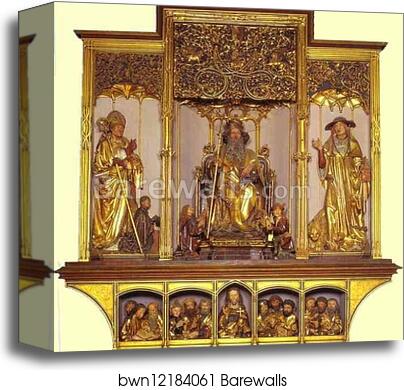Central part: wooden carved figures of St. August, St. Anthony, St. Jerome; bottom part Jesus with 12 Apostles. Sculptures by Nicolas de Haguenau (active in Strasbourg around 1490) by Matthias Grünewald, Canvas Print