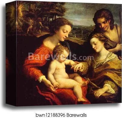 The Mystic Marriage of St. Catherine, with St. Sebastian; in the Background is the Martyrdom of Two Saints by Correggio, Canvas Print