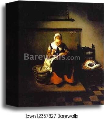 A Young Woman Sewing by Nicolaes Maes, Canvas Print