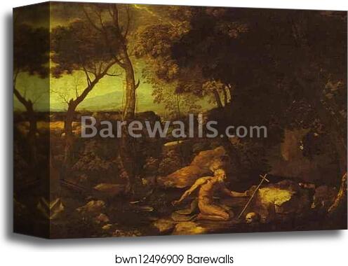Landscape with St. Jerome by Nicolas Poussin, Canvas Print