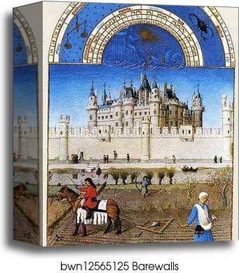 Les tr�s riches heures du Duc de Berry. October. Louvre Palace by Limbourg Brothers, Canvas Print