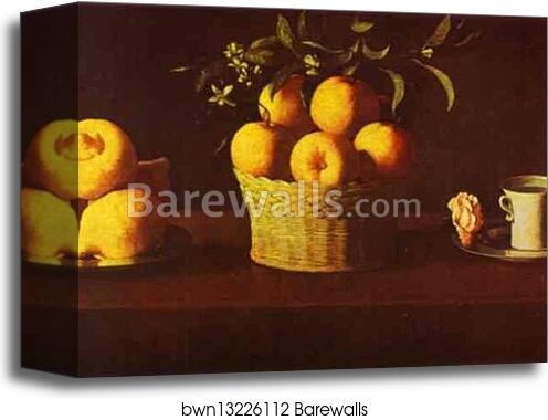 Still Life with Lemons, Oranges and Rose by Francisco De Zurbarán, Canvas Print
