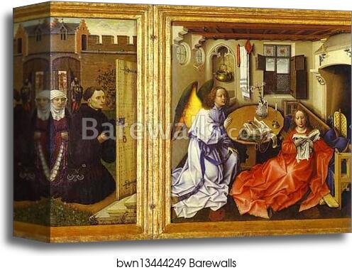 The Annunciation. (The Merode Altarpiece). The left and central panels of the triptych by Robert Campin (Master Of Flemalle), Canvas Print