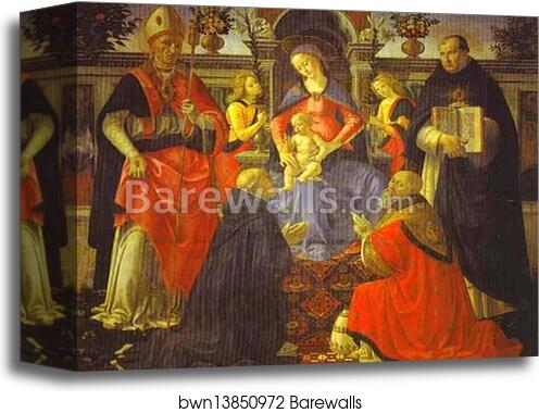 Madonna and Child Enthroned with Two Angels, St. Dionysius the Aereopagite and St. Dominic, Pope Clement and St. Thomas Aquinas by Domenico Ghirlandaio, Canvas Print