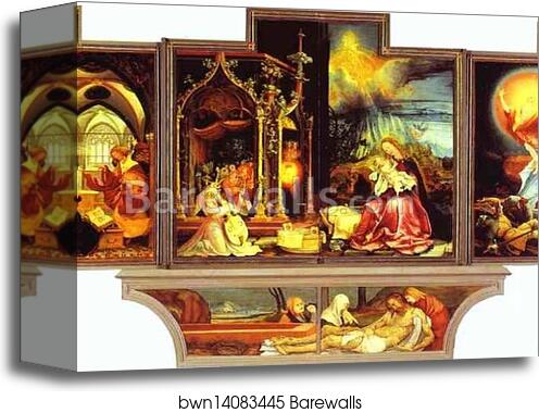 Annunciation (left), Concert of Angels (central left), Nativity (cental right), Resurrection (right) by Matthias Grünewald, Canvas Print