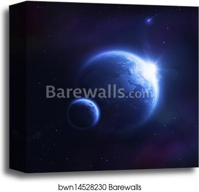 Earth and moon in outer space with rising sun and flying meteorites by Evgeny Kuklev/Stocktrek Images, Canvas Print