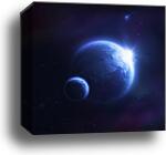 Earth and moon in outer space with rising sun and flying meteorites by Evgeny Kuklev/Stocktrek Images, Canvas Print