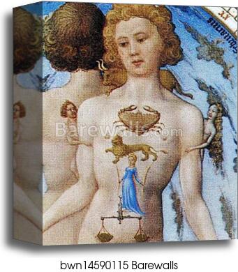 Les trÄ�s riches heures du Duc de Berry. Anatomical Zodiac Man. Detail by Limbourg Brothers, Canvas Print
