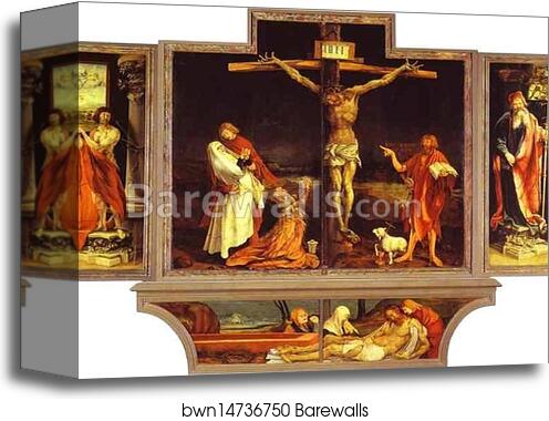 The first view of the altar: (bottom) St. Sebastian (left), The Crucifixion (central), St. Anthony (right), Entombment by Matthias Grünewald, Canvas Print