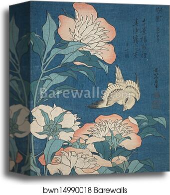 Peonies and Canary (Shakuyaku, kanaari), from an untitled series known as Small Flowers by Katsushika Hokusai, Canvas Print