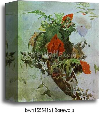 Red Flowers and Leaves of Begonia in a Basket by Mikhail Vrubel, Canvas Print