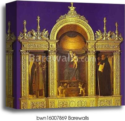 Frari Triptych, general view. Madonna and Child with Two Musical Angels Between SS. Nicholas, Peter, Mark, and Benedict by Giovanni Bellini, Canvas Print