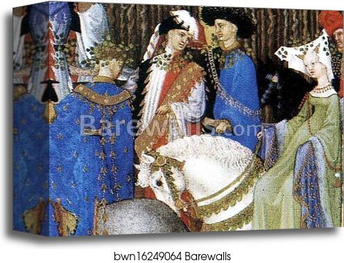 Les trÄ�s riches heures du Duc de Berry. May. Hotel de Neste, the Duke's Paris Residence. Detail by Limbourg Brothers, Canvas Print