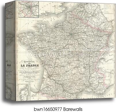 Nouvelle Carte del La France indiquant les Routes de Poste, les Routes Nationales & Departmentales aved les Distances en Kilometres by Victor Jules Levasseur, Canvas Print Nouvelle Carte del La France indiquant les Routes de Poste, les Routes Nationales & Departmentales aved les Distances en Kilometres by Victor Jules Levasseur, Canvas Print