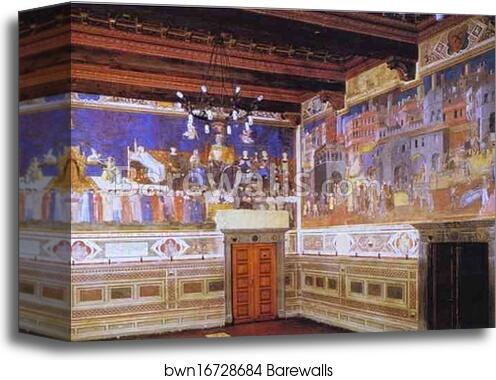 Allegory of Good Government: Effects of Good Government in the City and portion of the Effects of Good Government in the Country by Ambrogio Lorenzetti, Canvas Print