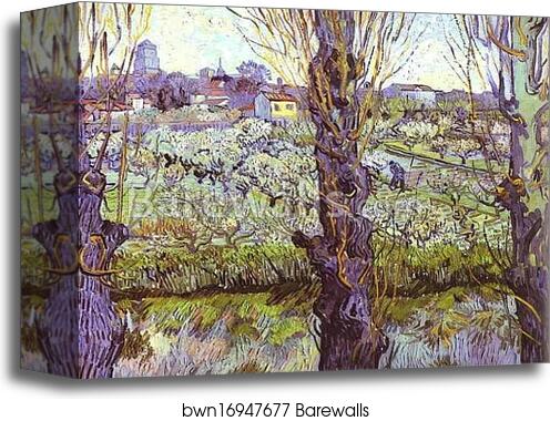 View of Arles. Orchard in Bloom with Poplars in the Forefront by Vincent Van Gogh, Canvas Print View of Arles. Orchard in Bloom with Poplars in the Forefront by Vincent Van Gogh, Canvas Print