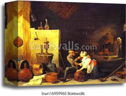 An Old Peasant Caresses a Kitchen Maid in a Stable by David Teniers The Younger, Canvas Print