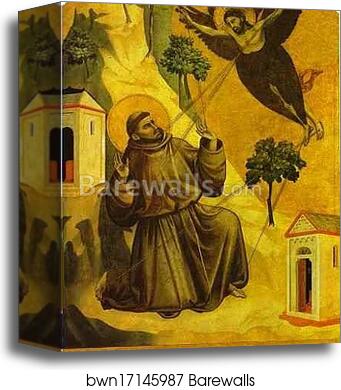 St. Francis Receiving the Stigmata with Three Scenes from His Legend: The Vision of Pope Innocent III, the Pope Receiving the Statutes of the order of St. Francis, and St. Francis Preaching to the Birds by Giotto, Canvas Print
