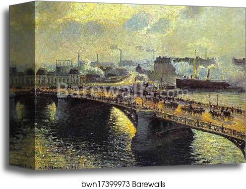 The Boieldiieu Bridge at Rouen, Setting Sun, Foggy Weather by Camille Pissarro, Canvas Print
