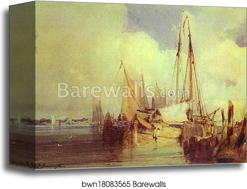 French River Scene with Fishing Boats by Richard Parkes Bonington, Canvas Print