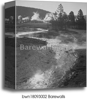 Stream winding back toward geyser, "Central Geyser Basin, Yellowstone National Park," Wyoming. (Vertical orientation).  Photographs of National Parks and Monuments, compiled 1941 - 1942, documenting the period ca. 1933 - 1942 by Ansel Adams (1902-1984), Canvas Print