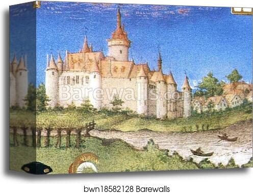Les trÄ�s riches heures du Duc de Berry. April. Chateau de Dourdan. Detail by Limbourg Brothers, Canvas Print