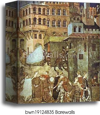 Allegory of Good Government: Effects of Good Government in the City. Detail by Ambrogio Lorenzetti, Canvas Print