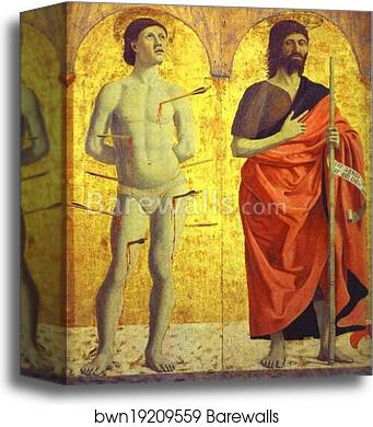 St. Sebastian and St. John the Baptist. Left side panel of the Polyptych of the Misericordia by Piero Della Francesca, Canvas Print