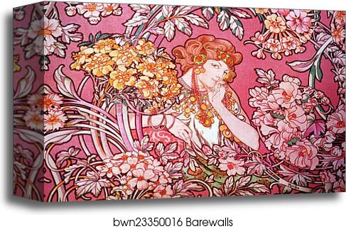 Woman Among The Flowers by Alphonse Mucha, Canvas Print
