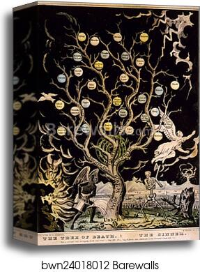 Devil watering tree of sins and skeleton about to chop it down. Caption: The Tree of Death – The Sinner. "But a corrupt tree bringeth forth evil fruit." (Matt. VII 17). "Cut it down; why cumbereth it the ground?" (Luke XIII 7) by Currier & Ives, Canvas Print