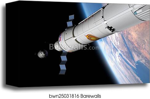 A command module approaches an awaiting rocket in Earth orbit by Walter Myers/Stocktrek Images, Canvas Print