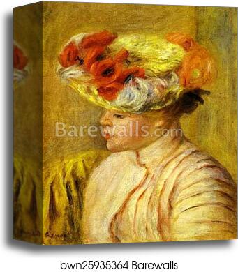 Young Woman Wearing a Hat with Flowers. (Jeune femme au chapeau de fleurs) by Pierre-Auguste Renoir, Canvas Print