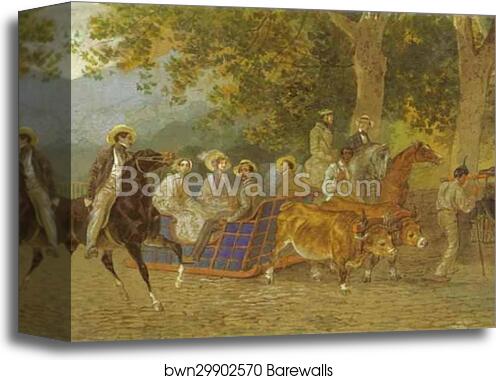 Promenade. Portrait of the Duke of Leuchtenberg, E. Mussart, Ye. I. Mussart, Prince P. R. Bagration, Princess A. A. Bagration, M. I. Zheleznov, N. A. Lukashevich, and K. Bruloff by Karl Brulloff, Canvas Print