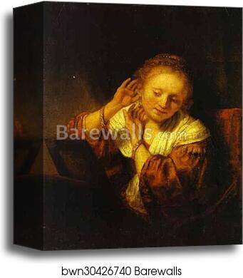 A Young Woman Trying on Earings by Rembrandt Harmenszoon Van Rijn, Canvas Print A Young Woman Trying on Earings by Rembrandt Harmenszoon Van Rijn, Canvas Print