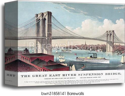 The great East River suspension bridge.  Connecting the cities of New York and Brooklyn. View from Brooklyn, looking west by Currier & Ives, Canvas Print