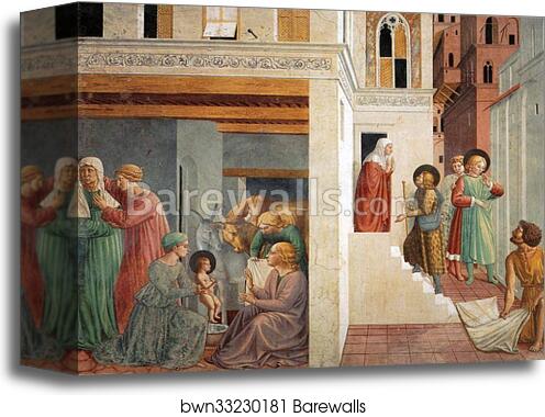Birth of St. Francis, Prophecy of the Birth by a Pilgrim, Homage of the Simple Man by Benozzo Gozzoli, Canvas Print
