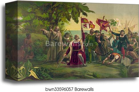 First landing of Columbus on the shores of the New World, at San Salvador, W.I., Oct. 12th 1492 by Currier & Ives, Canvas Print