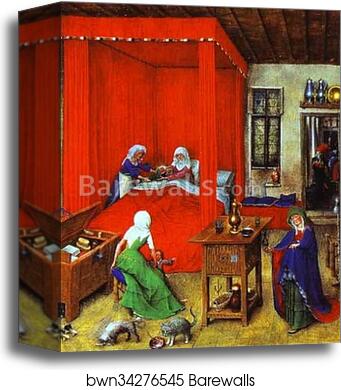 The Birth of John the Baptist (miniature from the Très Belles Heures de Notre-Dame) by Jan Van Eyck, Canvas Print