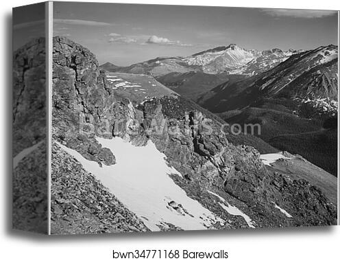 View of barren mountains with snow, "Long's Peak, Rocky Mountain National Park," Colorado.  Photographs of National Parks and Monuments, compiled 1941 - 1942, documenting the period ca. 1933 - 1942 by Ansel Adams (1902-1984), Canvas Print View of barren mountains with snow, "Long's Peak, Rocky Mountain National Park," Colorado.  Photographs of National Parks and Monuments, compiled 1941 - 1942, documenting the period ca. 1933 - 1942 by Ansel Adams (1902-1984), Canvas Print