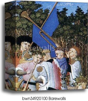 Les trÄ�s riches heures du Duc de Berry. May. Hotel de Neste, the Duke's Paris Residence. Detail by Limbourg Brothers, Canvas Print