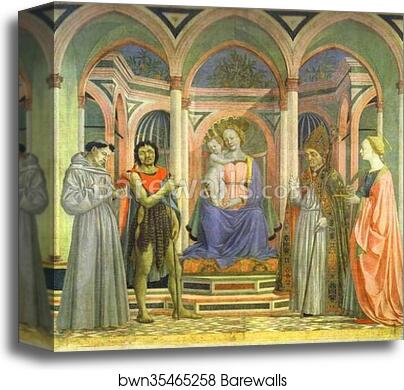 The Madonna and Child Enthroned with SS. Francis, John the Baptist, Zenobius and Lucy. The main part of the Altarpiece of St. Lucy of the Magnolias by Domenico Veneziano, Canvas Print