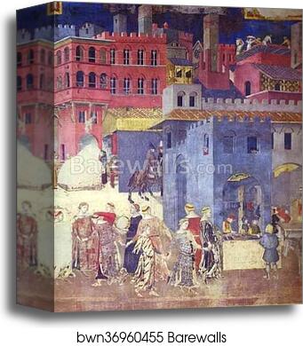 Allegory of Good Government. Detail by Ambrogio Lorenzetti, Canvas Print