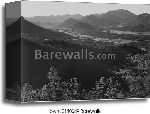 Valley surrounded by mountains, "In Rocky Mountain National Park,"Colorado.  Photographs of National Parks and Monuments, compiled 1941 - 1942, documenting the period ca. 1933 - 1942 by Ansel Adams (1902-1984), Canvas Print