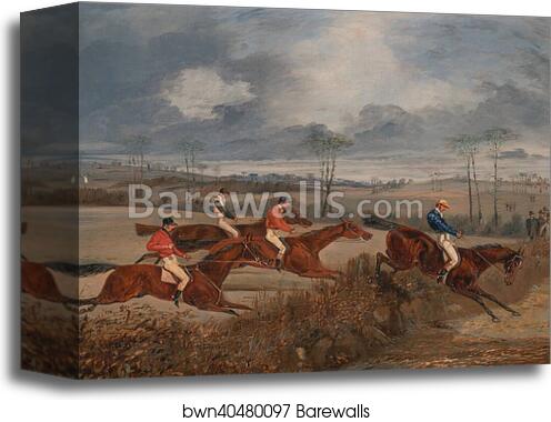 Scenes from a steeplechase: Taking a Hedge by Henry Thomas Alken, Canvas Print